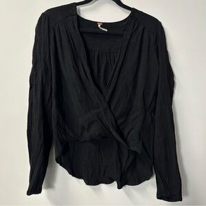 FREE PEOPLE women's black check it on textured wrap blouse, XS.